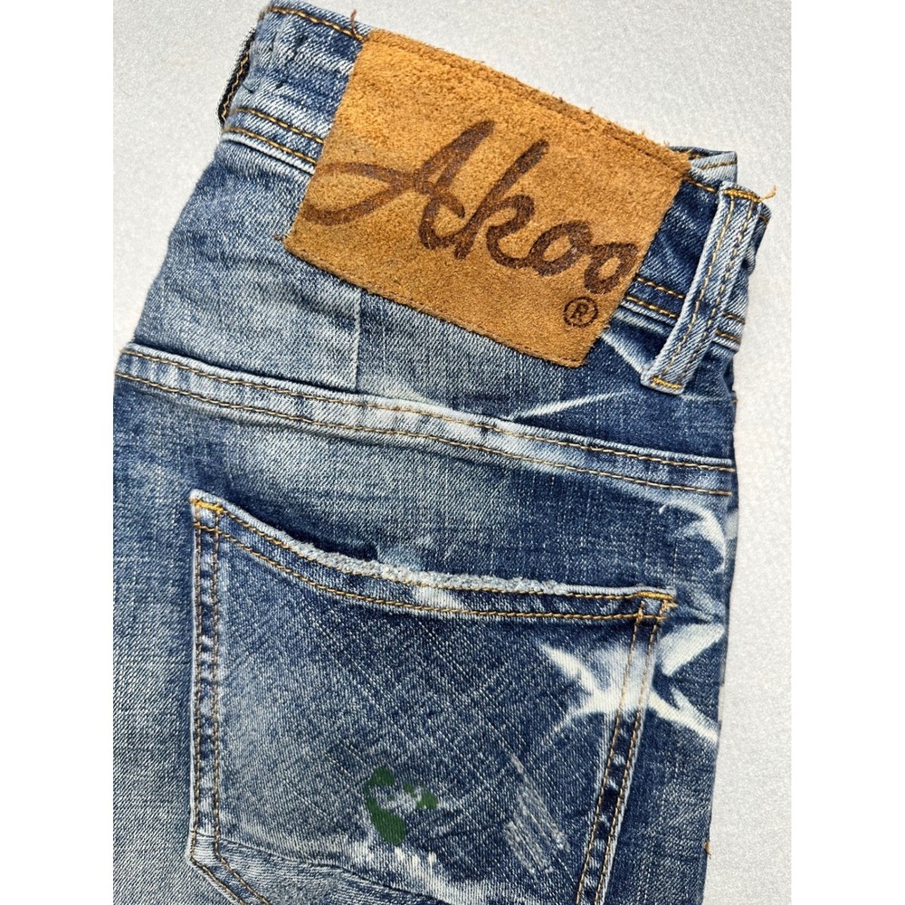 AKOO Slim Fit Jeans Mens 30 Blue Acid Wash Paint Splatter Streetwear Denim - Picture 12 of 15